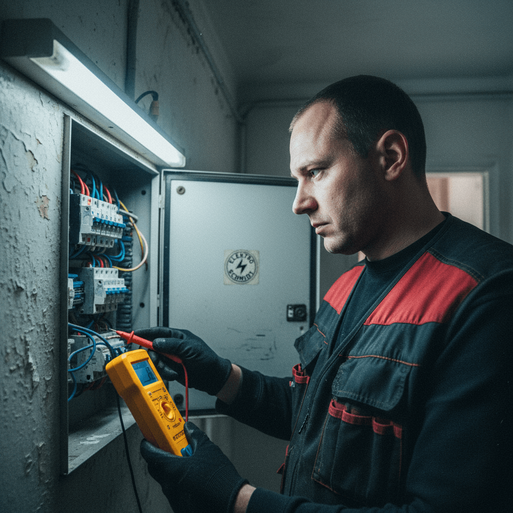 Fachmann Elektriker prüft Leitungen vor Ort